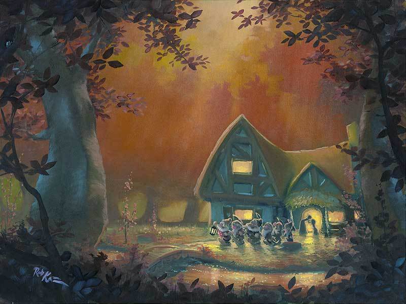 Snow White give the seven dwarfs a morning kiss