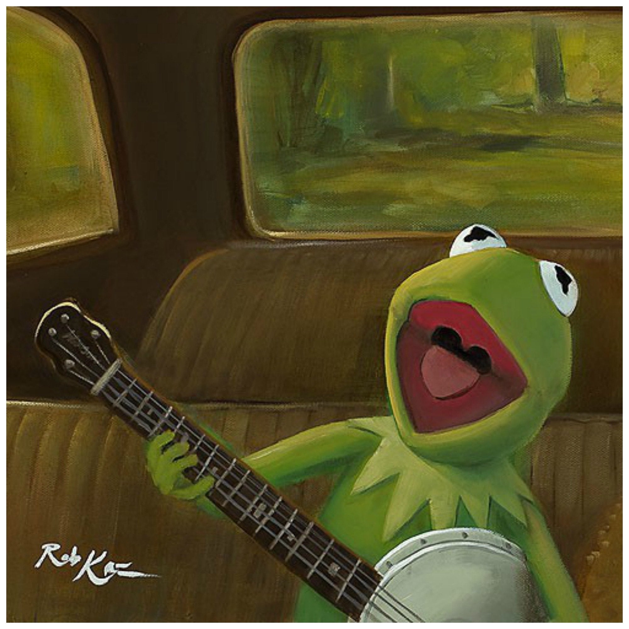 Kermit the Frog singing as he plays his banjo. 