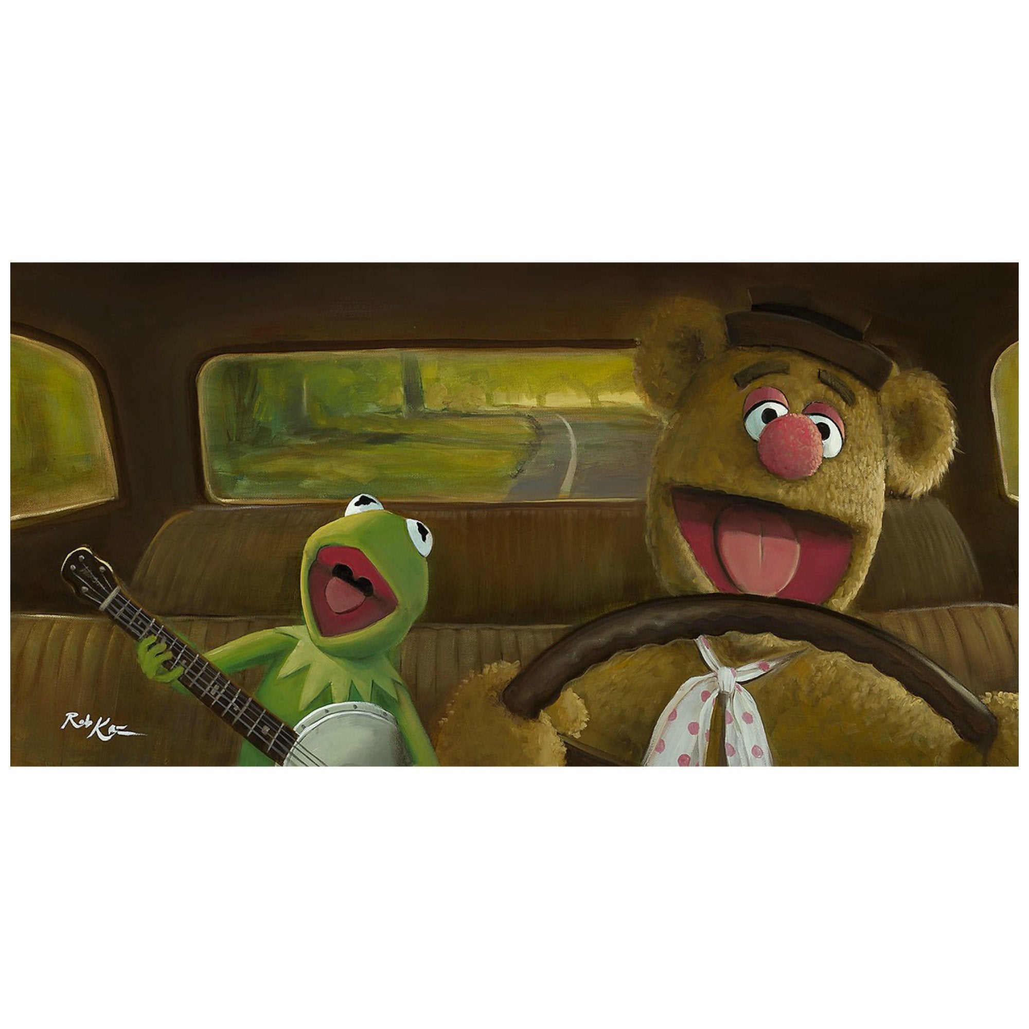 Movin Right Along by Rob Kaz.  Fozzie the bear behind the driver's wheel, singing along with Kermit the Frog as he plays his banjo. 
