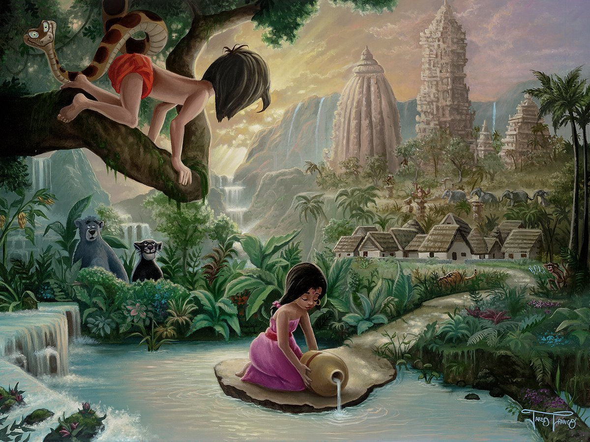 Mowgli, Kaa, Baloo and Bagheera watching a village girl fetching water from the stream