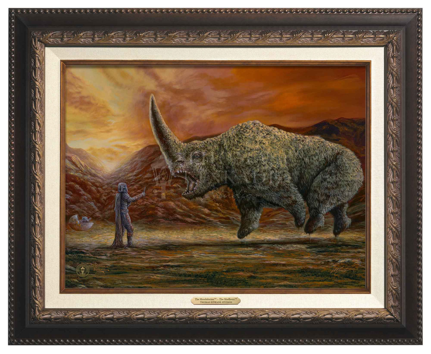 Mando and the Child confronts the Mudhorn beast. -  Aged Bronze Frame