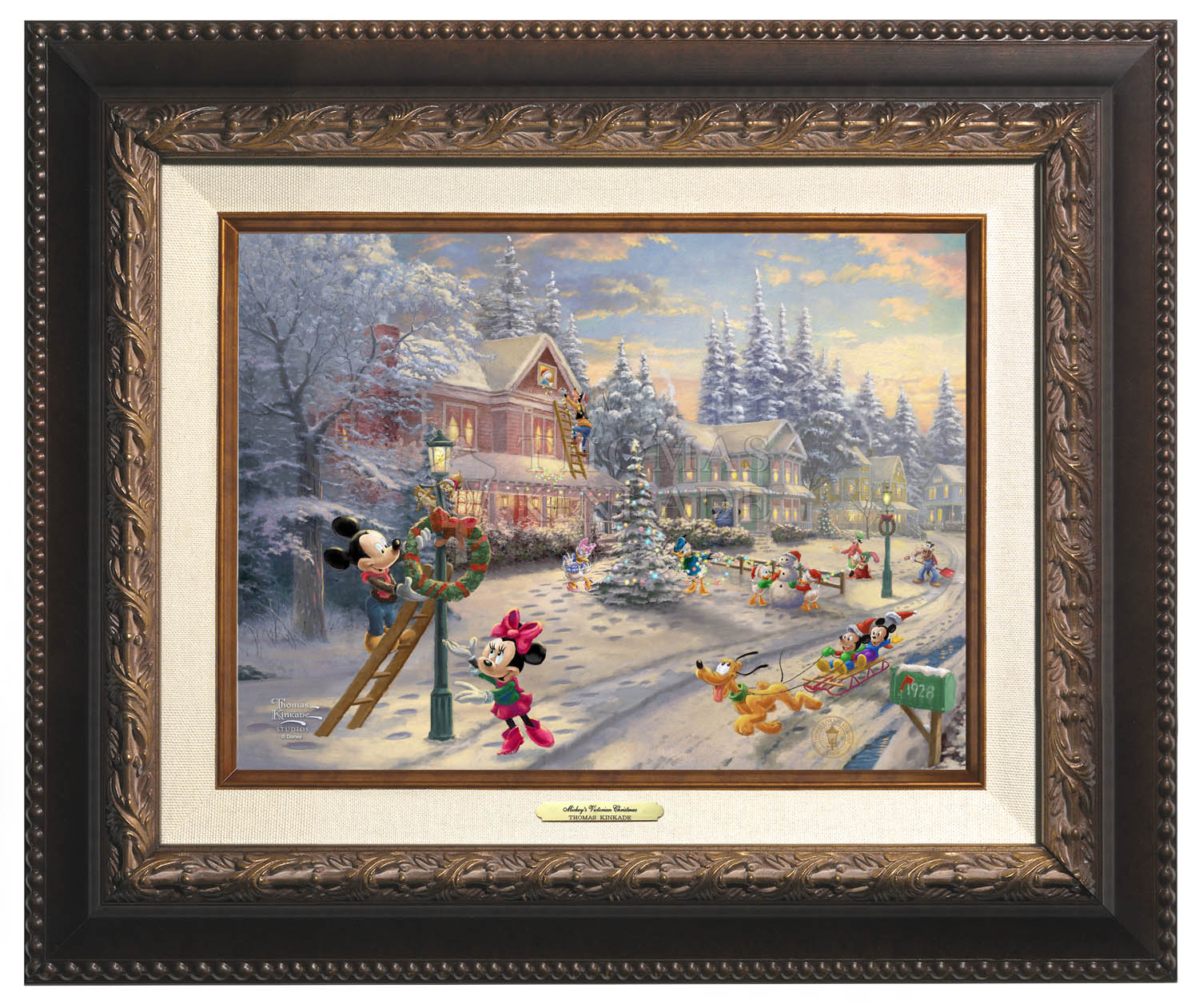 Mickey and all his friends preparing for their favorite time of the year. Aged Bronze Frame