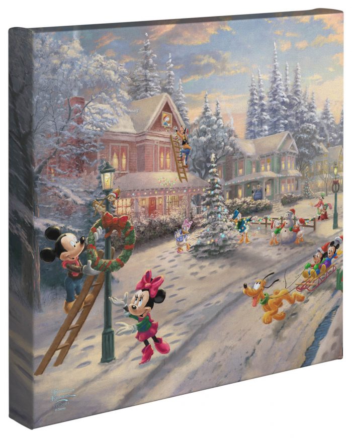 Mickey and all his friends preparing for their favorite time of the year. Mickey and Minnie are hanging the festive wreaths, while Daisy and Donald decorate the tree in the front yard. All of our friends are being closely watched by Mortimer. 14X14