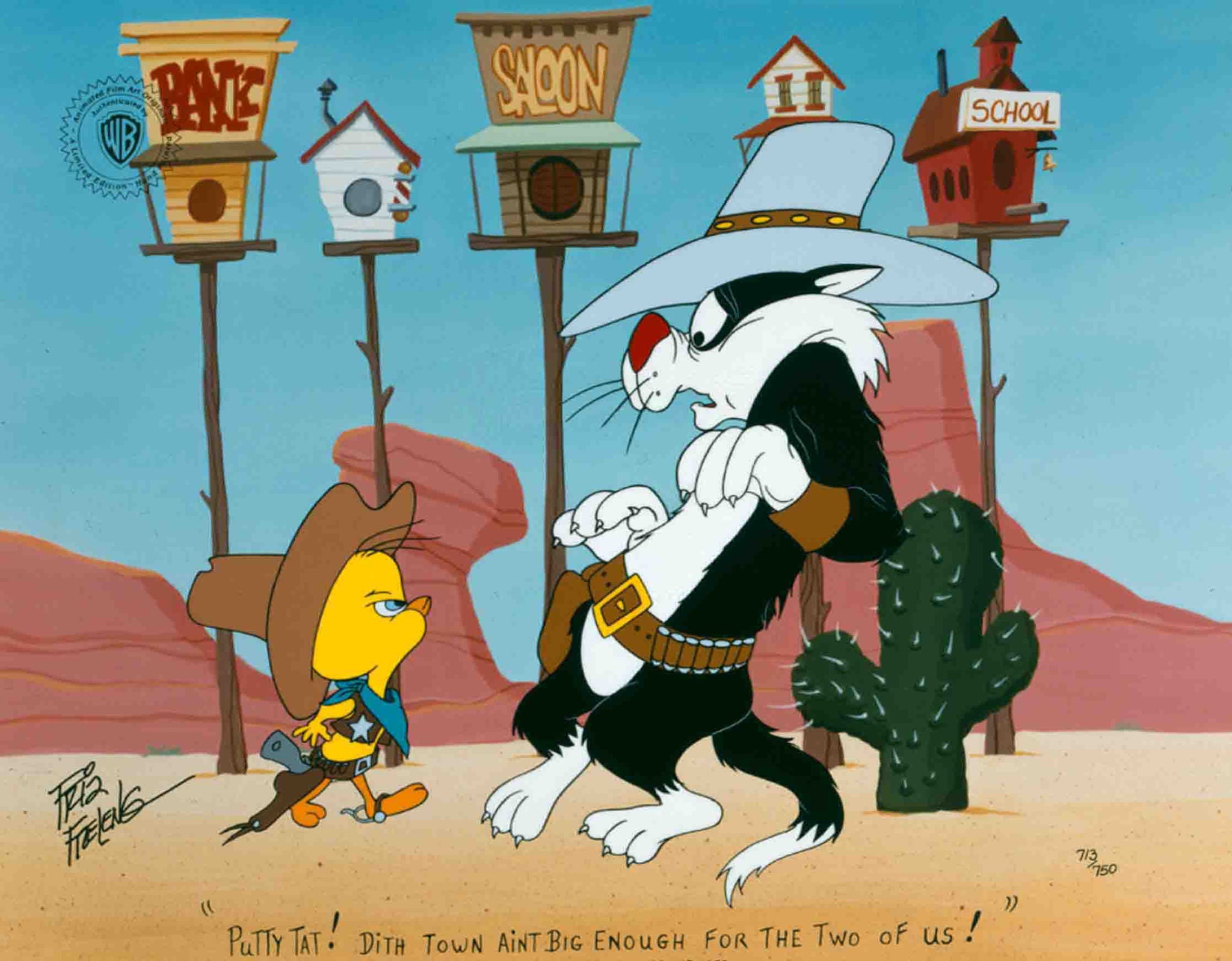 Tweety stands his ground to protect his town against Sylvester.