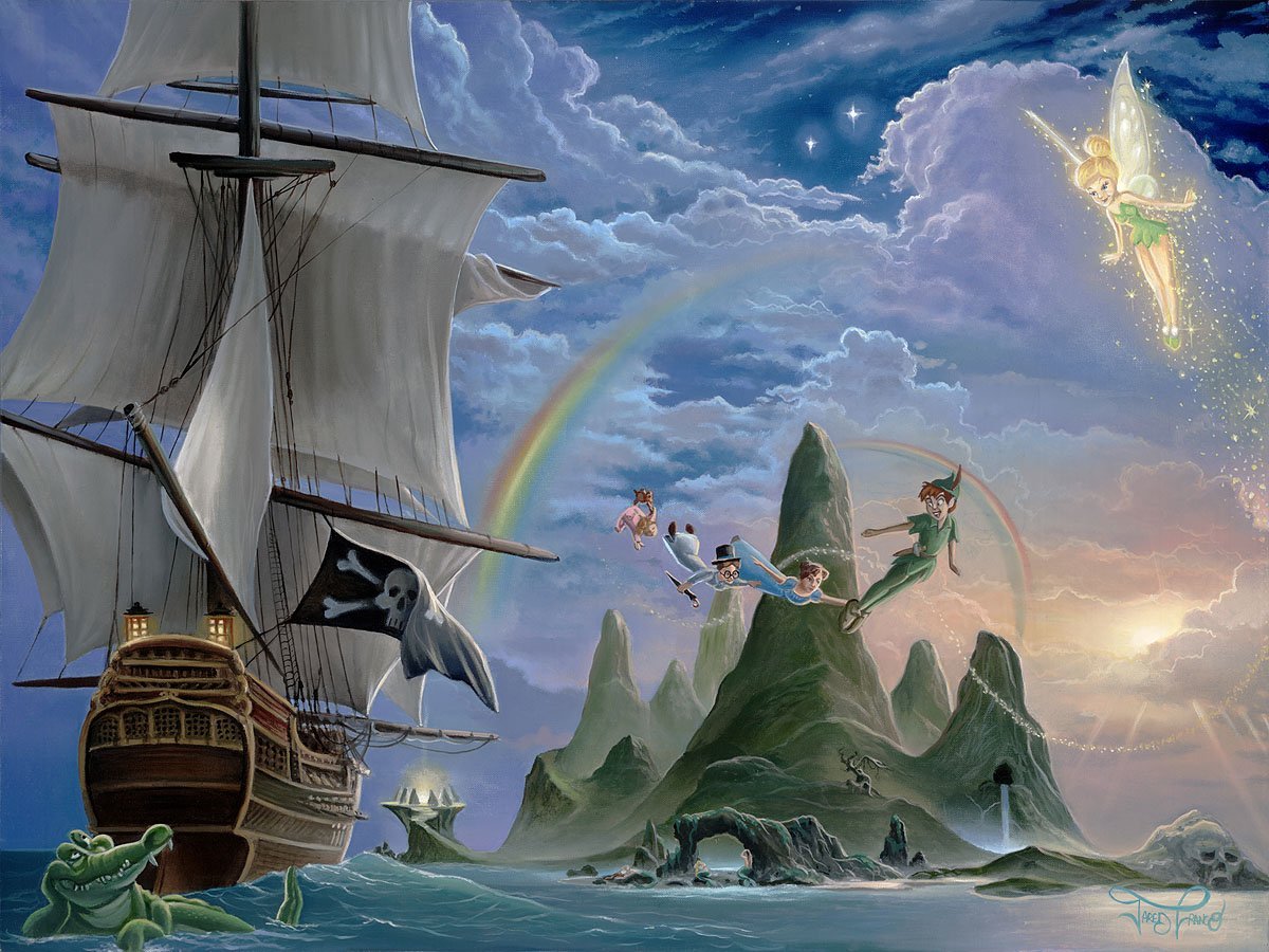 Peter Pan, Wendy, Tinker Bell, Nana, John and Michael flying over the Jolly Roger pirate's ship.