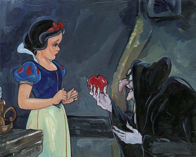 the wicked old hag (Evil Queen), offers Snow White a magic blood-red apple.
