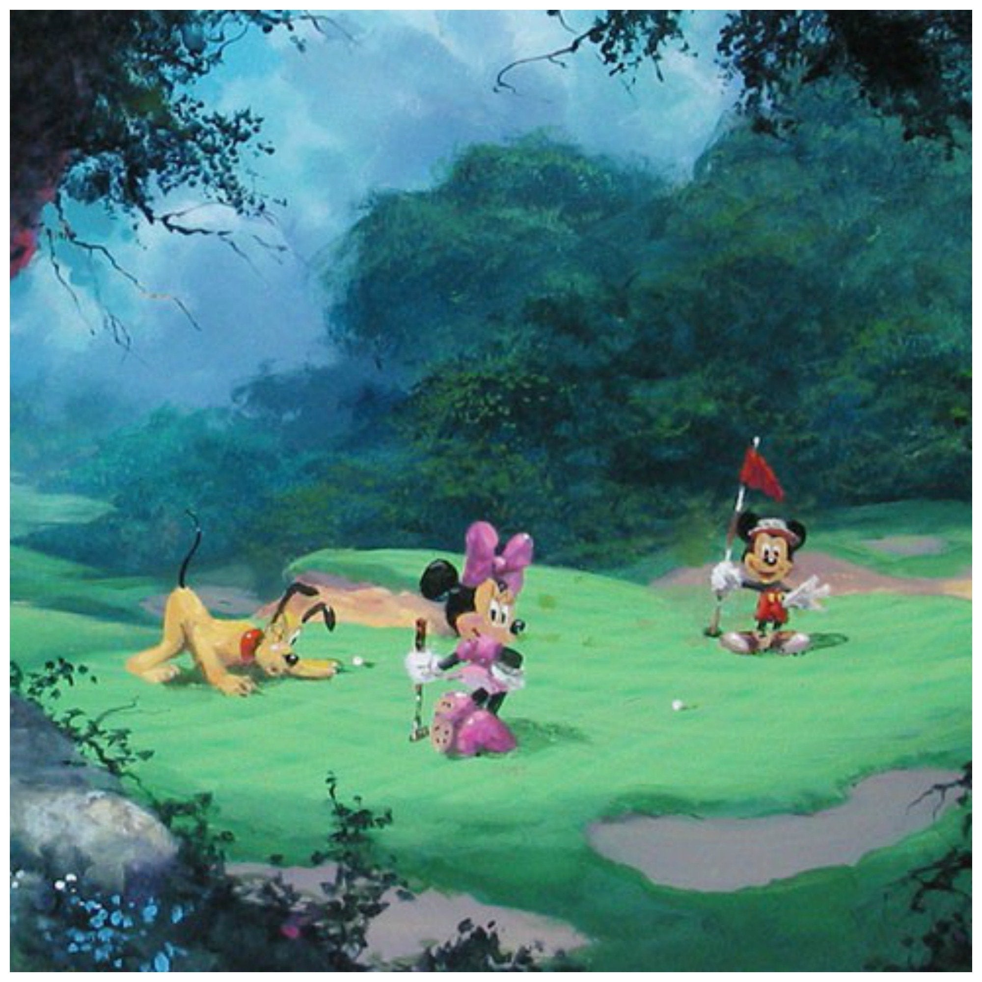 On the Green by James Coleman  A playful afternoon for Mickey, Pluto at the golf course along with Minnie as she takes her turn.