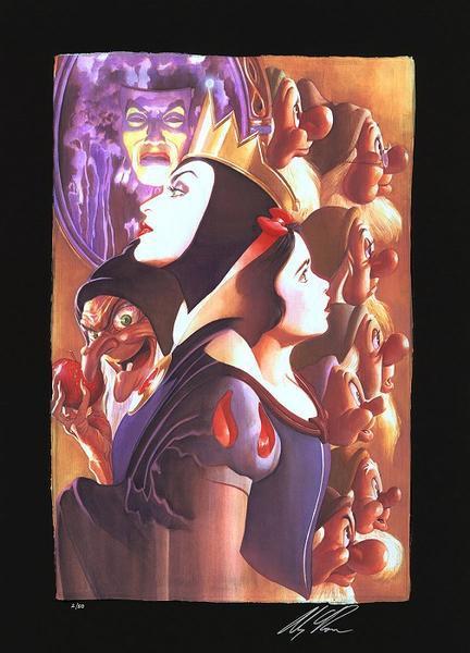 Snow White and the Evil Queen - hand-printed chiarograph on black paper
