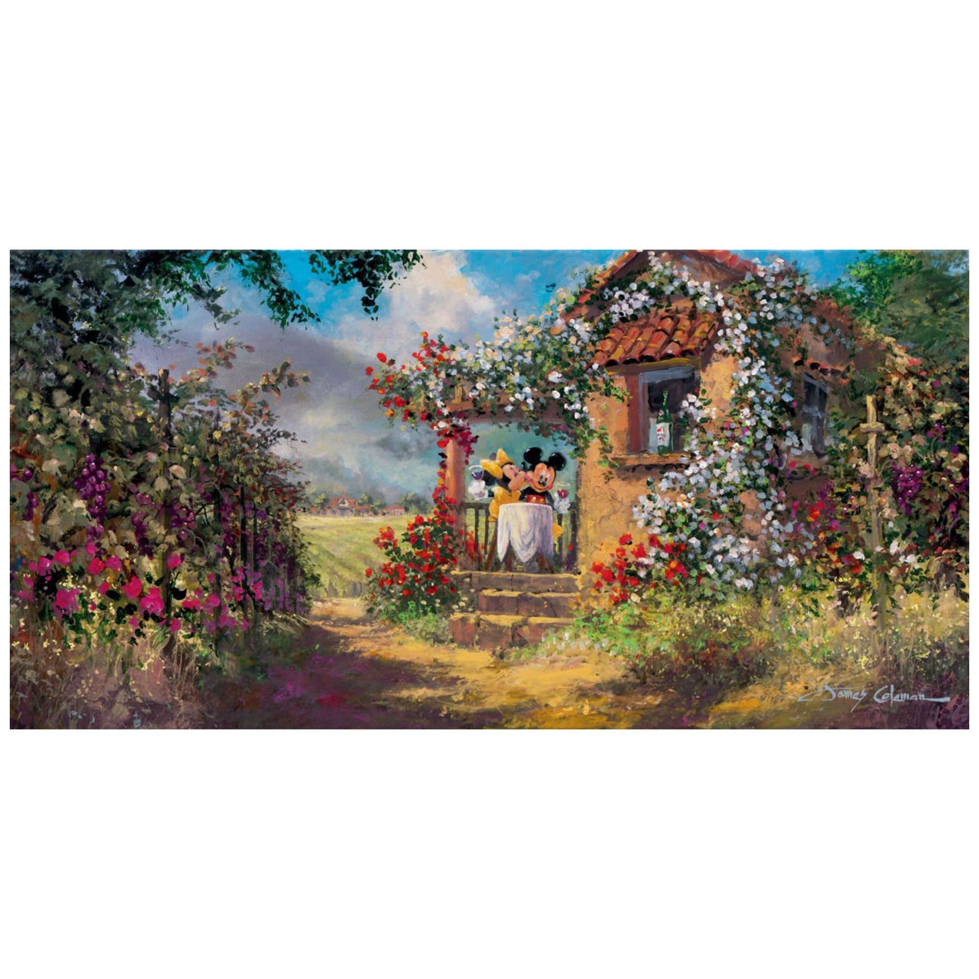 Our Old Familiar Place by James Coleman  Minnie gives Mickey a kiss on the cheeks, as they enjoy a beautiful day at the quaint garden cottage.