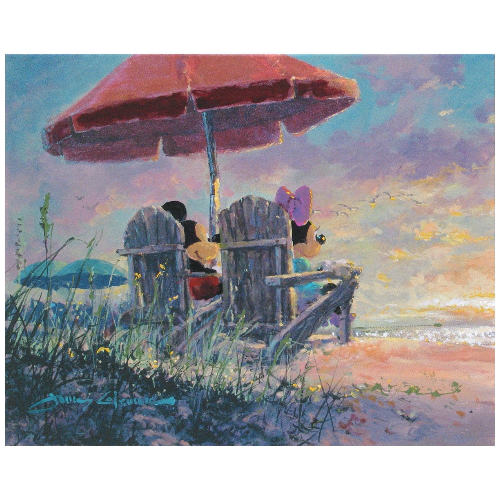 Our Sunset by James Coleman  Mickey and Minnie are enjoying the sunset at the beach while sitting on Adirondack chairs under a red umbrella.