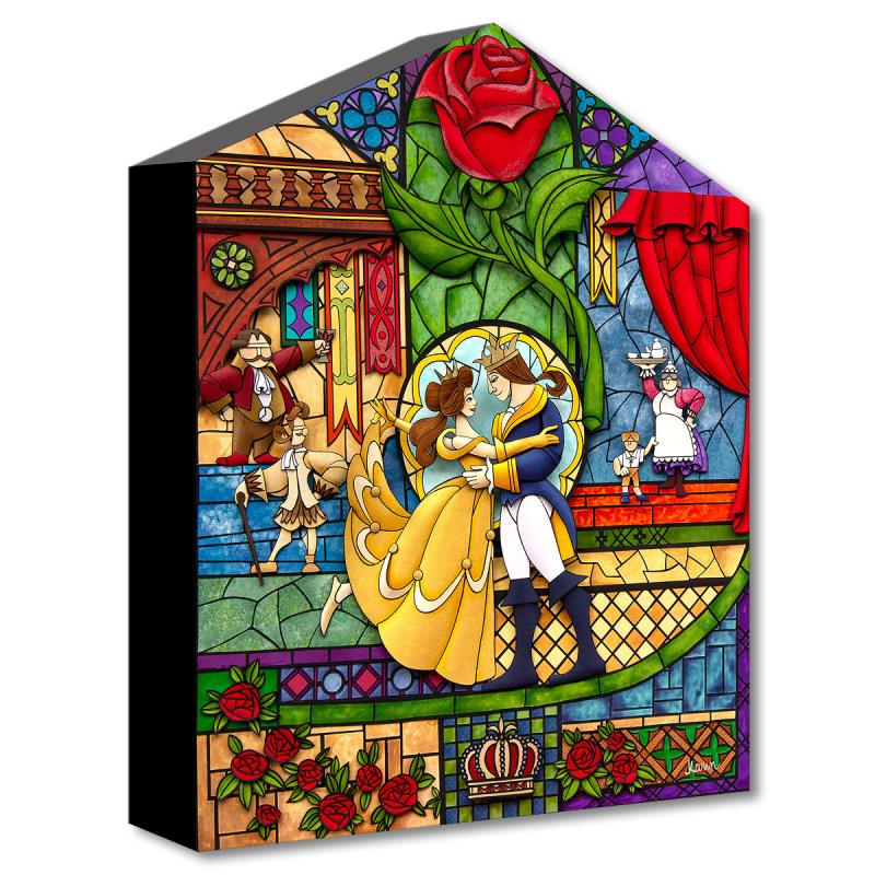 A stain glass mural of of the Beauty and the Prince. and the castle's real characters 