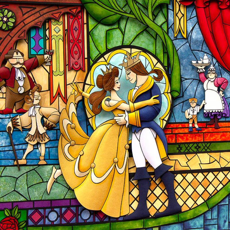 Closeup- A stain glass mural of of the Beauty and the Prince. and the castle's real characters 