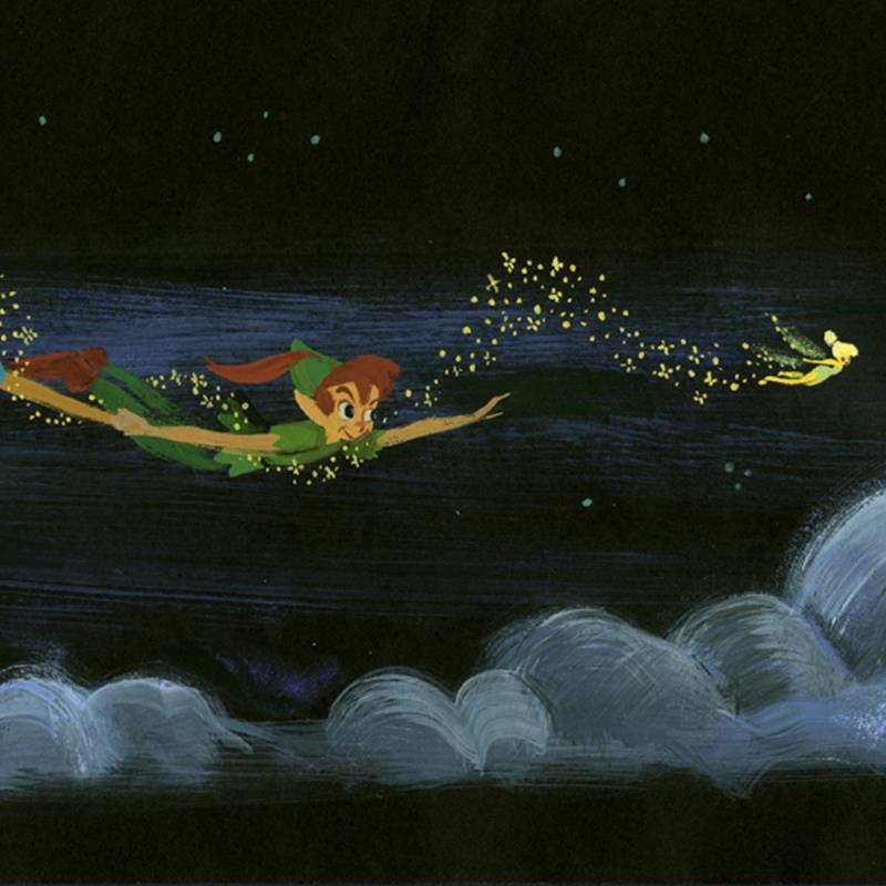 Over the Clouds by Lorelay Bove.  Tinker Bell leads the way with her fairy dust, as Peter Pan, Wendy, John, and Michael follow as they over the London city at night - closeup- 2