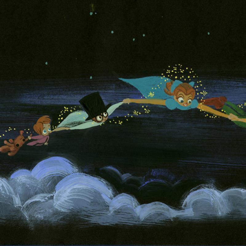 Over the Clouds by Lorelay Bove.  Tinker Bell leads the way with her fairy dust, as Peter Pan, Wendy, John, and Michael follow as they over the London city at night - closeup.