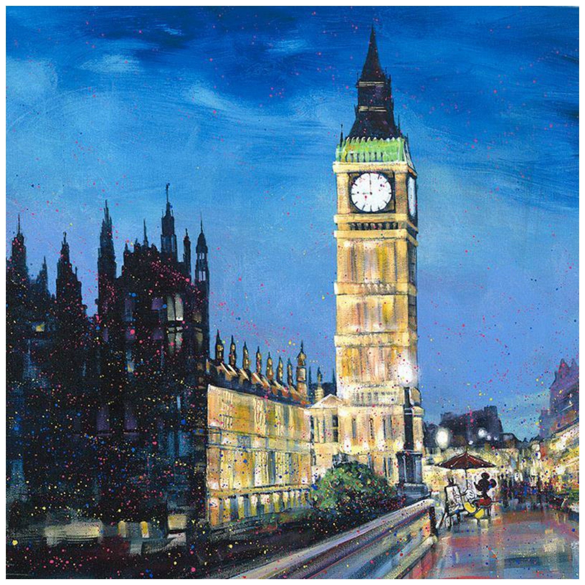 Painting the Town by Stephen Fishwick.   Mickey sit in front of his easle in front of London's famous clock tower - closeuplock tower in London. 