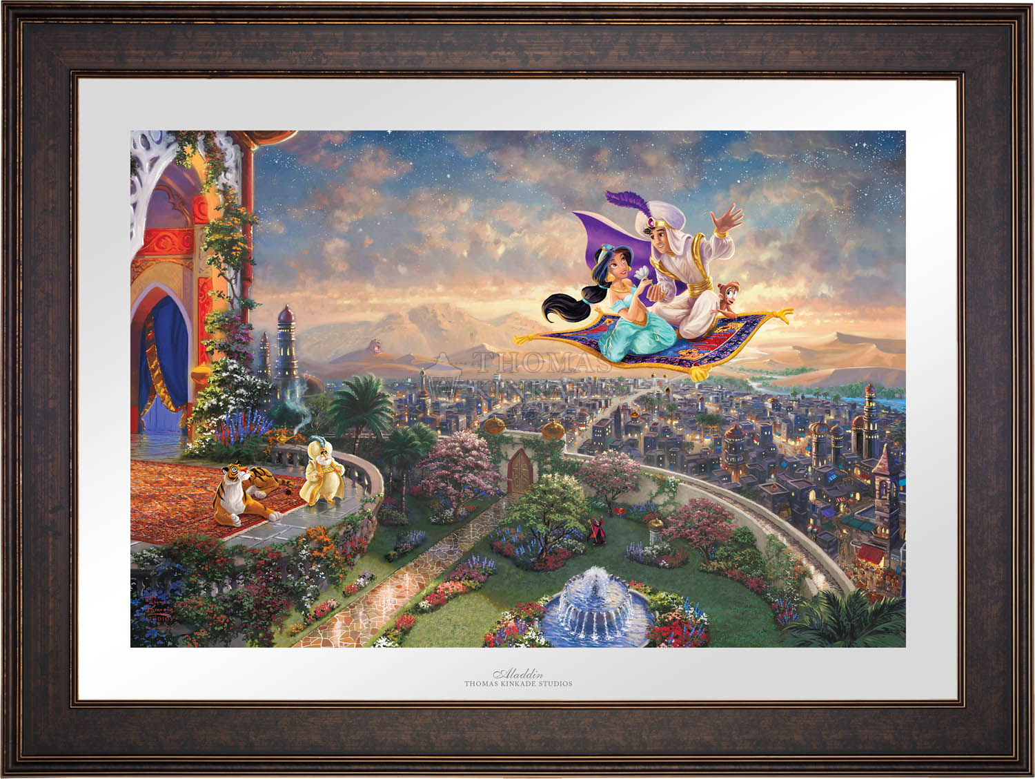 Aladdin and Jasmine soar above Agrabah and the neighboring kingdom on a magic carpet ride, as the Sultan of Agrabah (her father) and her overprotective pet tiger Rajah watch - Gallery Bronze Petite
