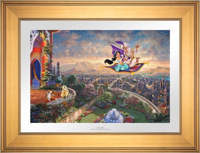 Aladdin and Jasmine soar above Agrabah and the neighboring kingdom on a magic carpet ride, as the Sultan of Agrabah (her father) and her overprotective pet tiger Rajah watch - Gallery Gold Frame