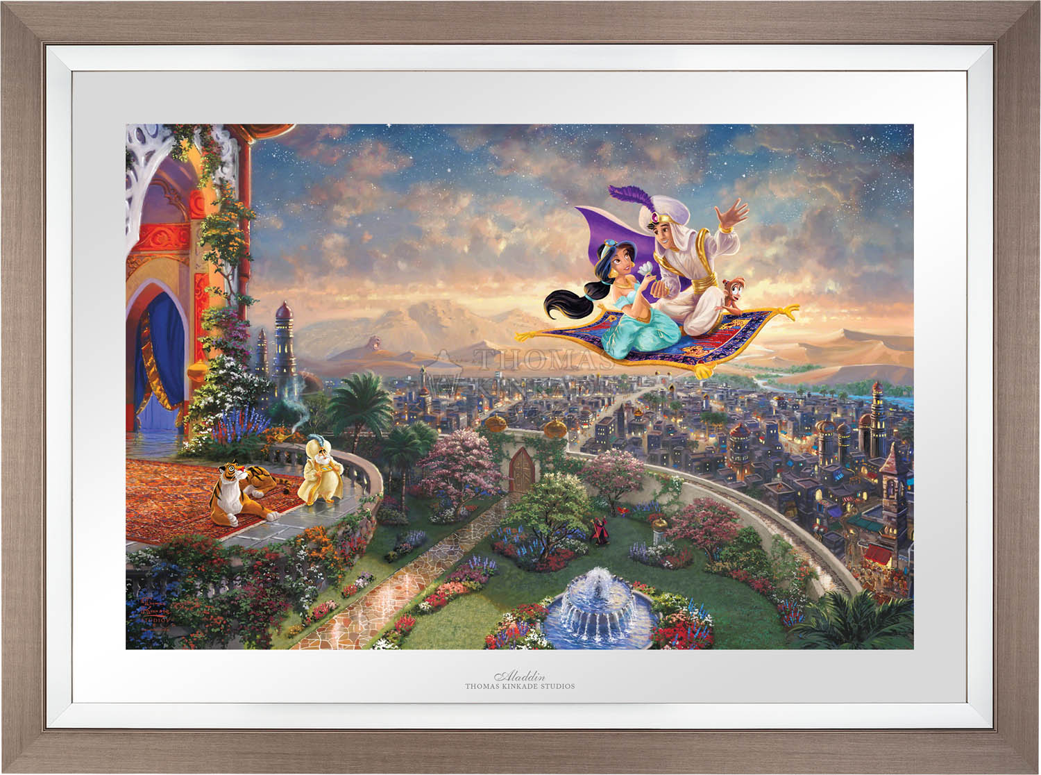 Aladdin and Jasmine soar above Agrabah and the neighboring kingdom on a magic carpet ride, as the Sultan of Agrabah (her father) and her overprotective pet tiger Rajah watch - Space Gray Frame