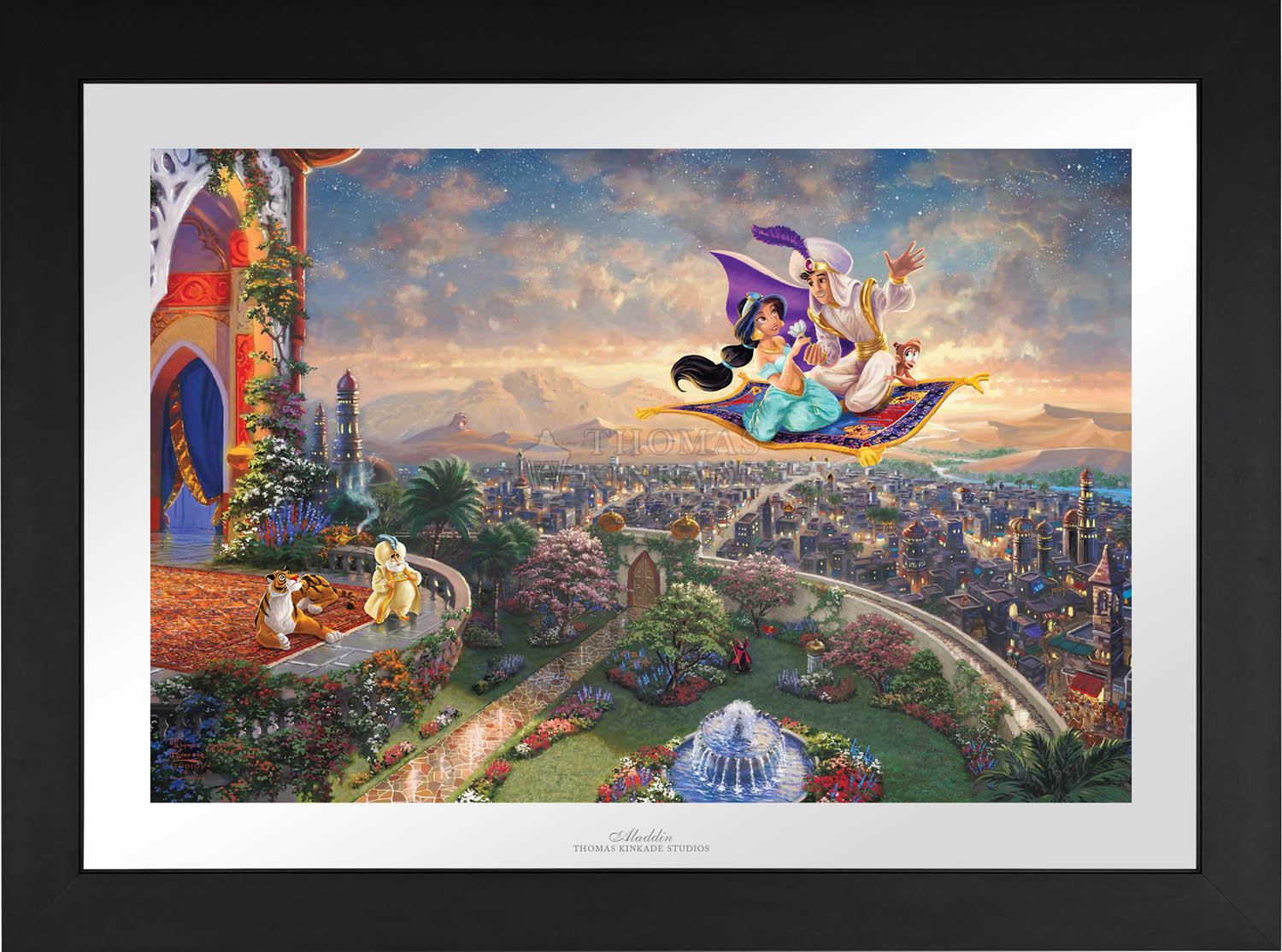 Aladdin and Jasmine soar above Agrabah and the neighboring kingdom on a magic carpet ride, as the Sultan of Agrabah (her father) and her overprotective pet tiger Rajah watch - Aladdin and Jasmine soar above Agrabah and the neighboring kingdom on a magic carpet ride, as the Sultan of Agrabah (her father) and her overprotective pet tiger Rajah watch - Satin Black Frame.
