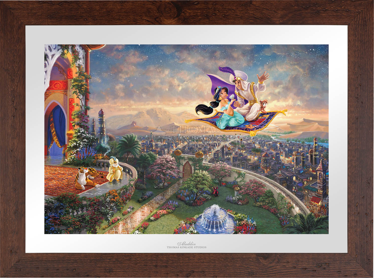 Aladdin and Jasmine soar above Agrabah and the neighboring kingdom on a magic carpet ride, as the Sultan of Agrabah (her father) and her overprotective pet tiger Rajah watch - Wildwood Frame
