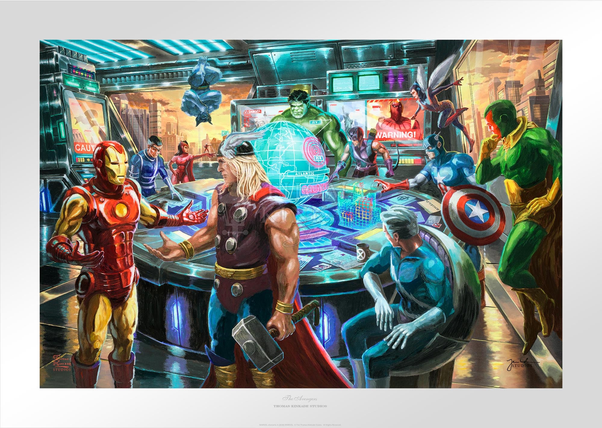 Earth’s Mightiest Heroes” are gathered inside the Avengers Mansion formulating a plan to thwart the new threat by Thanos to Earth  - Unframed