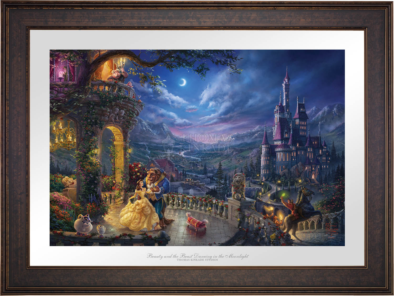 As the lovable Footstool playfully dances at the feet of Belle and the Beast, all the characters gather around in the Castle's beautiful veranda for an evening of love and romance. - Gallery Bronze Petite Framed