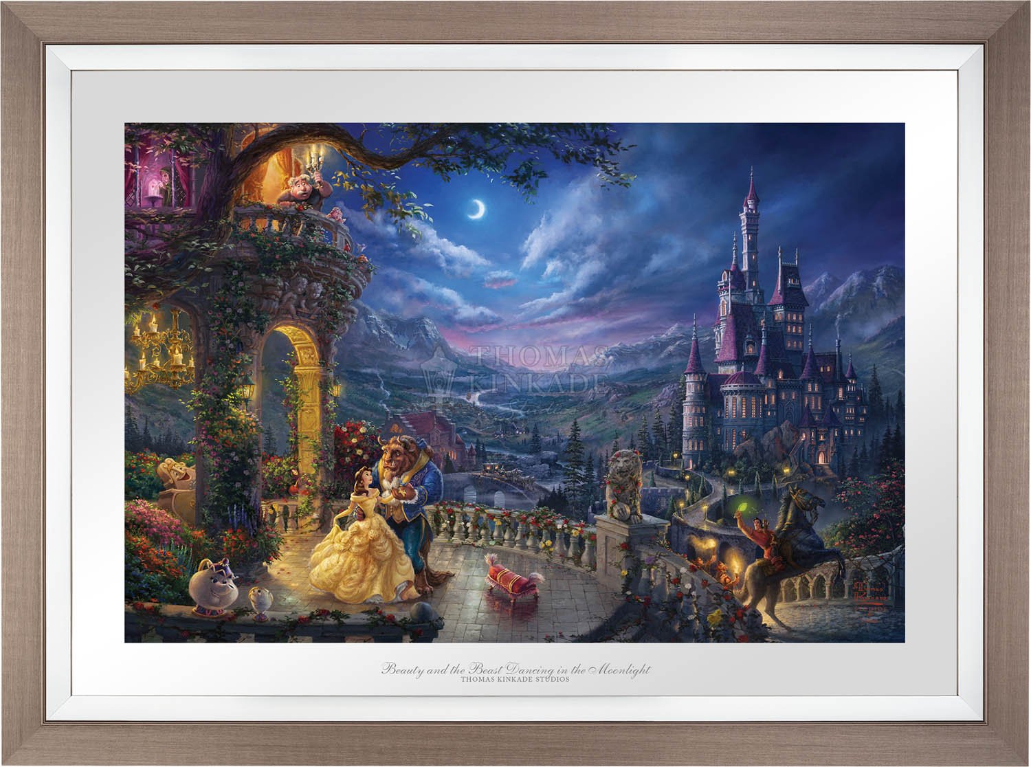 As the lovable Footstool playfully dances at the feet of Belle and the Beast, all the characters gather around in the Castle's beautiful veranda for an evening of love and romance. - Space Gray Framed