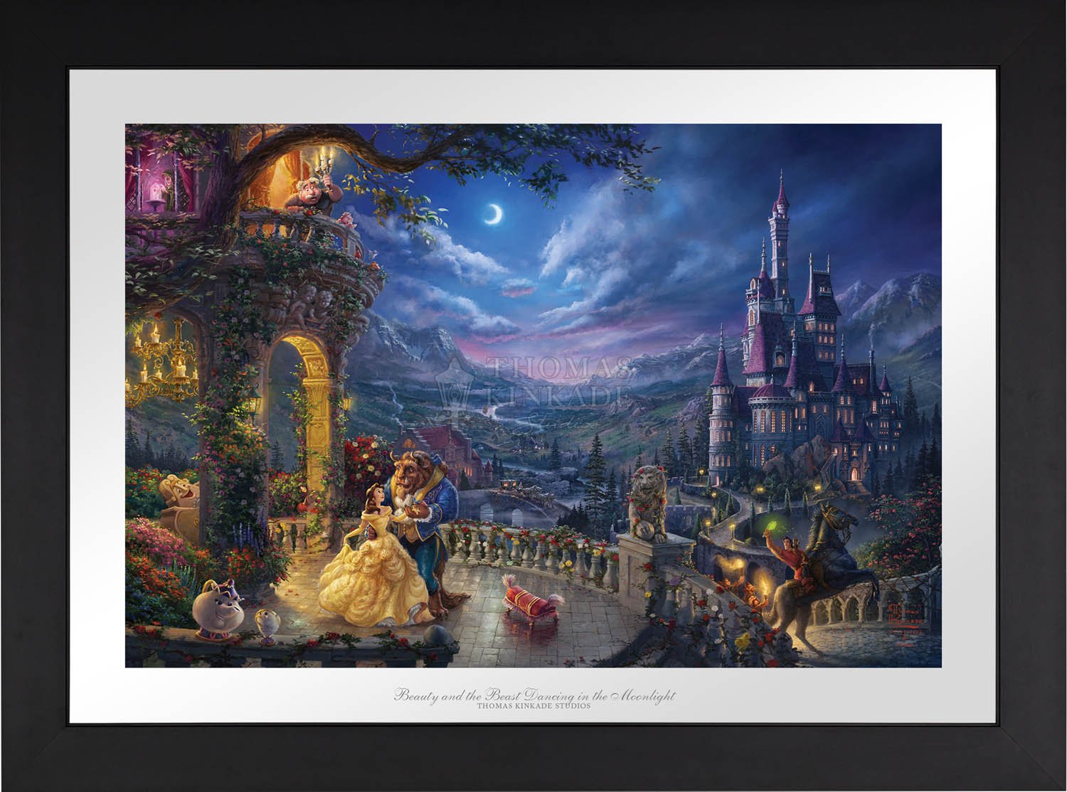 As the lovable Footstool playfully dances at the feet of Belle and the Beast, all the characters gather around in the Castle's beautiful veranda for an evening of love and romance. - Satin Bkack Framed