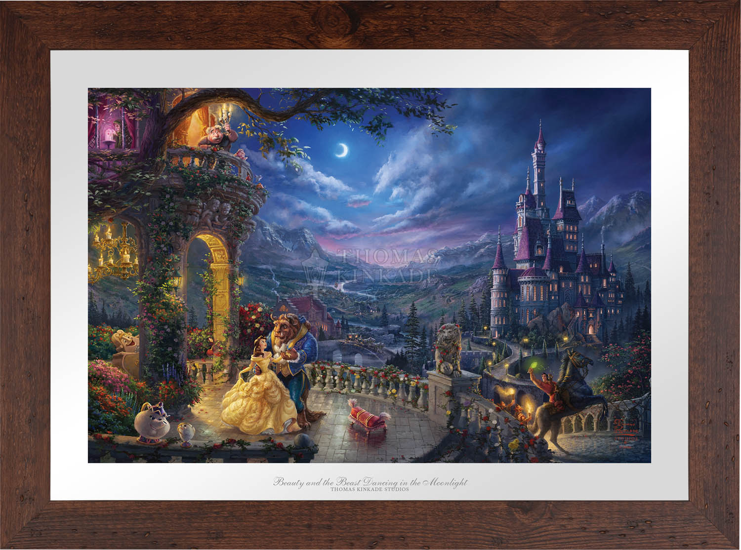 As the lovable Footstool playfully dances at the feet of Belle and the Beast, all the characters gather around in the Castle's beautiful veranda for an evening of love and romance. - WildwoodFramed