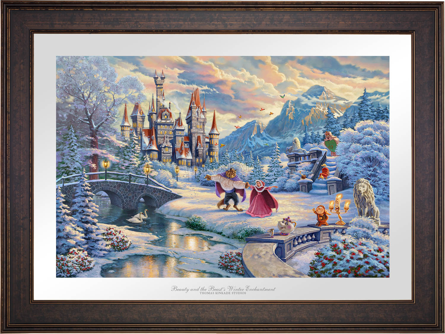 While the two dance in the crisp winter snow, Mrs. Potts, Chip, Cogsworth, Lumiére, Plumette, Frou-Frou, and Madame de Garderobe celebrate this new young love- Gallery Bronze Frame