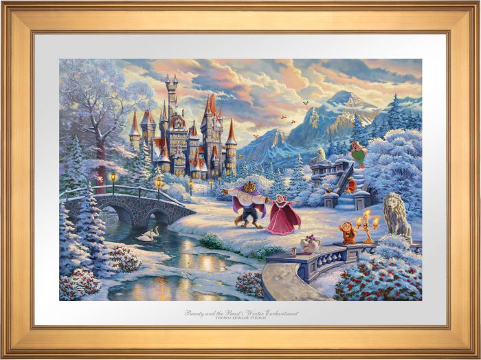 While the two dance in the crisp winter snow, Mrs. Potts, Chip, Cogsworth, Lumiére, Plumette, Frou-Frou, and Madame de Garderobe celebrate this new young love -Gallery Gold