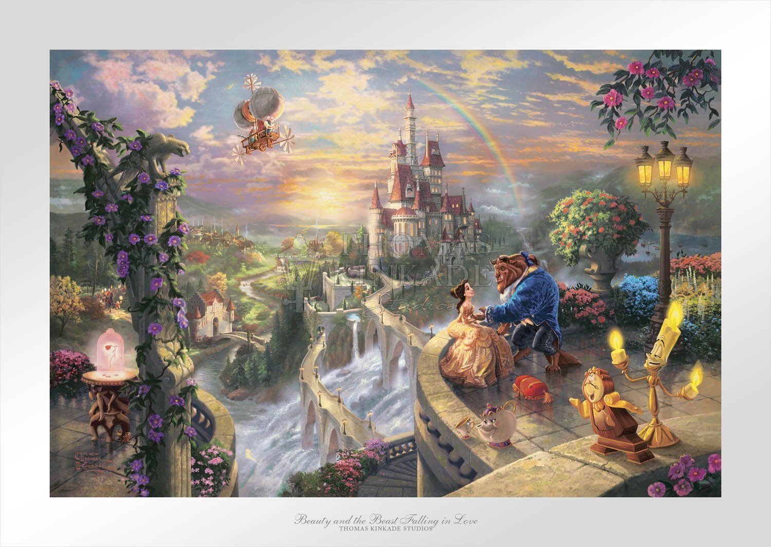 Beauty and the Beast Falling in Love by Thomas Kinkade Studios. This scene has depicted the story from the townspeople, Belle and the Beast upon the castle's veranda with Cogsworth, Mrs. Potts, and of course, Lumiere gathered around.