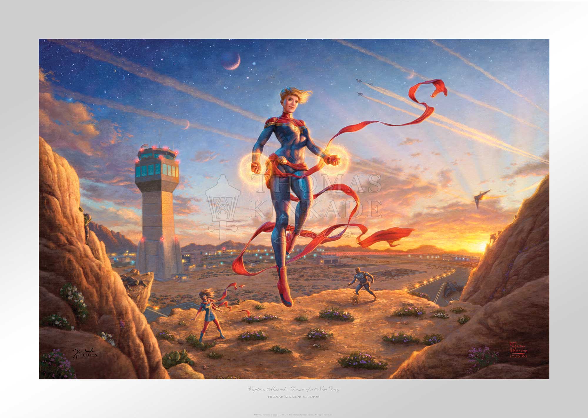 The morning sun dawns on a new day amplifying the glowing power emanating from Captain Marvel’s hands as she watches over the desert base.  - Unframed Paper