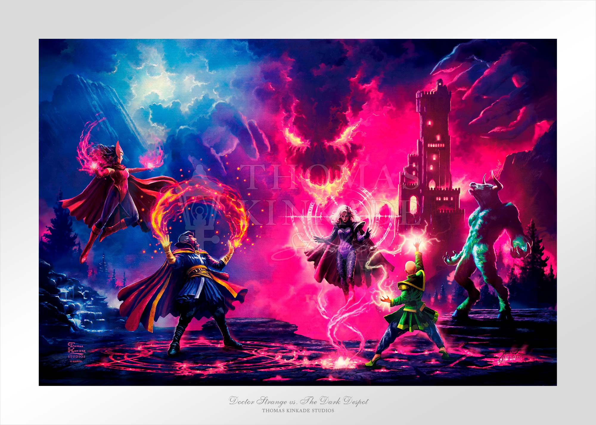 Doctor Strange vs. The Dark Despot By Thomas Kinkade Studios.  Doctor Strange and the Dark Despot, Dormammu. Scarlet Witch, the mistress of “Hex Power”, Rintrah and Wong have entered the skirmish to join forces with Doctor Strange against the immortal energy of Dormammu. - Unframed