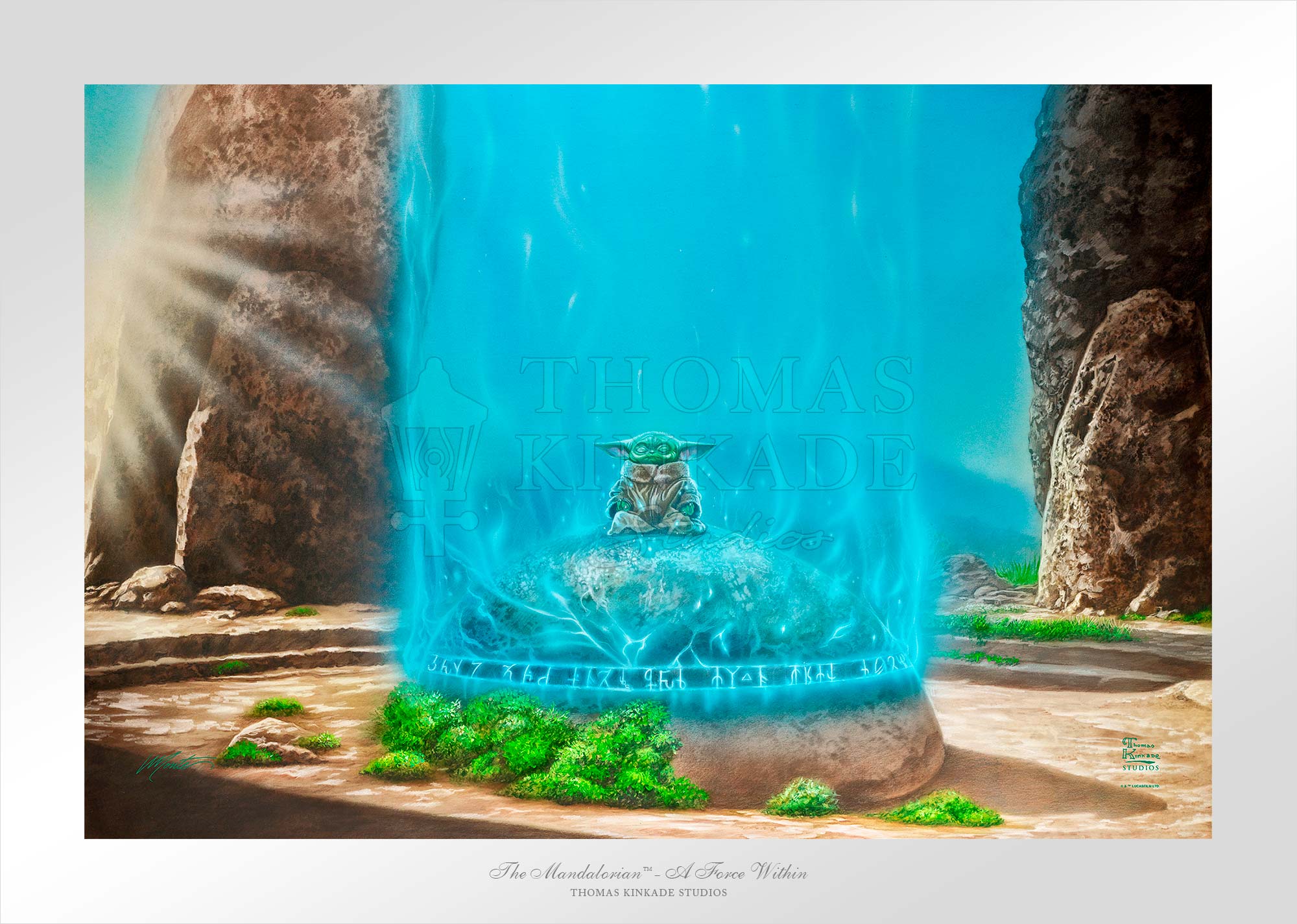 The Mandalorian - A Force Within by Thomas Kinkade Studios.  Once placed upon the ancient Jedi™ seeing stone, Grogu™ “activates” the stone to make the connection with the galaxy’s existing Jedi through the Force. - Unframed