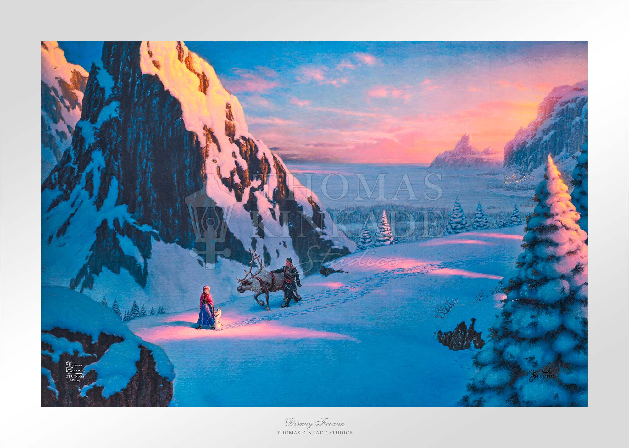 Disney Frozen by Thomas Kinkade Studios.  This scene takes Anna, Olaf joined by Kristoff, and his friend Sven on their journey the through the snowy slopes of Alpine. - Unframed
