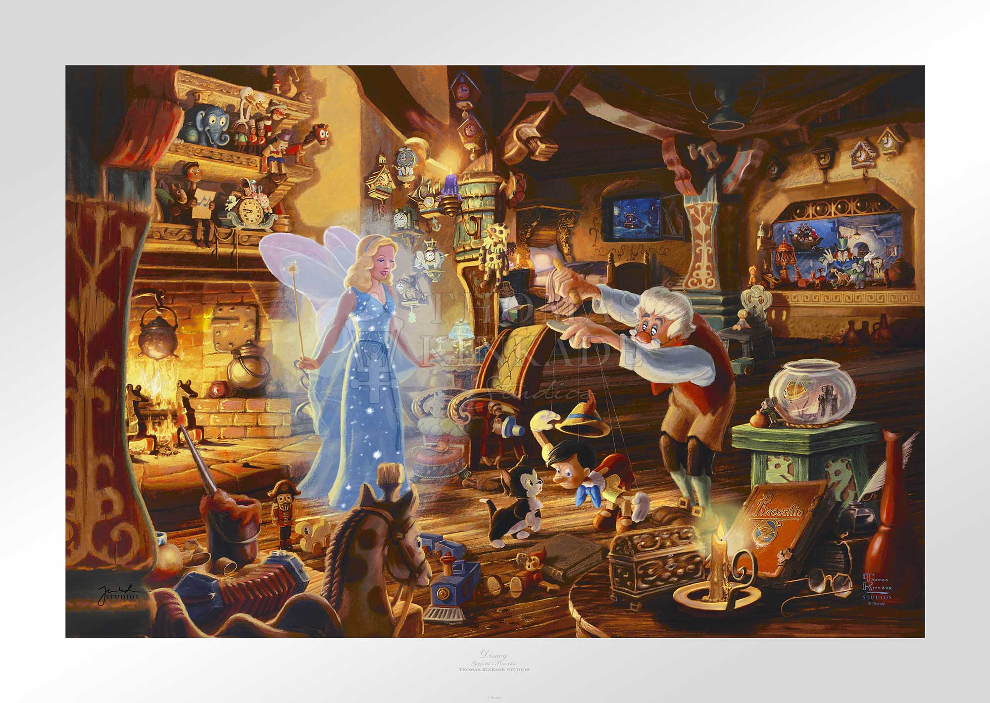 The Blue Fairy is poised to make this wish come true. Joy fills the workshop as Geppetto’s wish is granted.  Paper Unframed