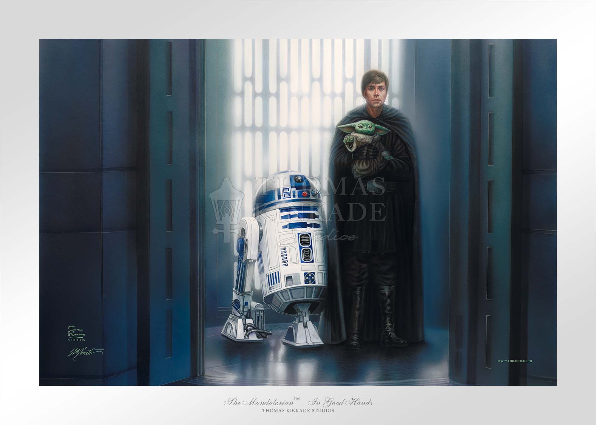  Features - Jedi™ Knight Luke Skywalker™ holding young Grogu and his faithful companion R2-D2™ - Unframed - Paper