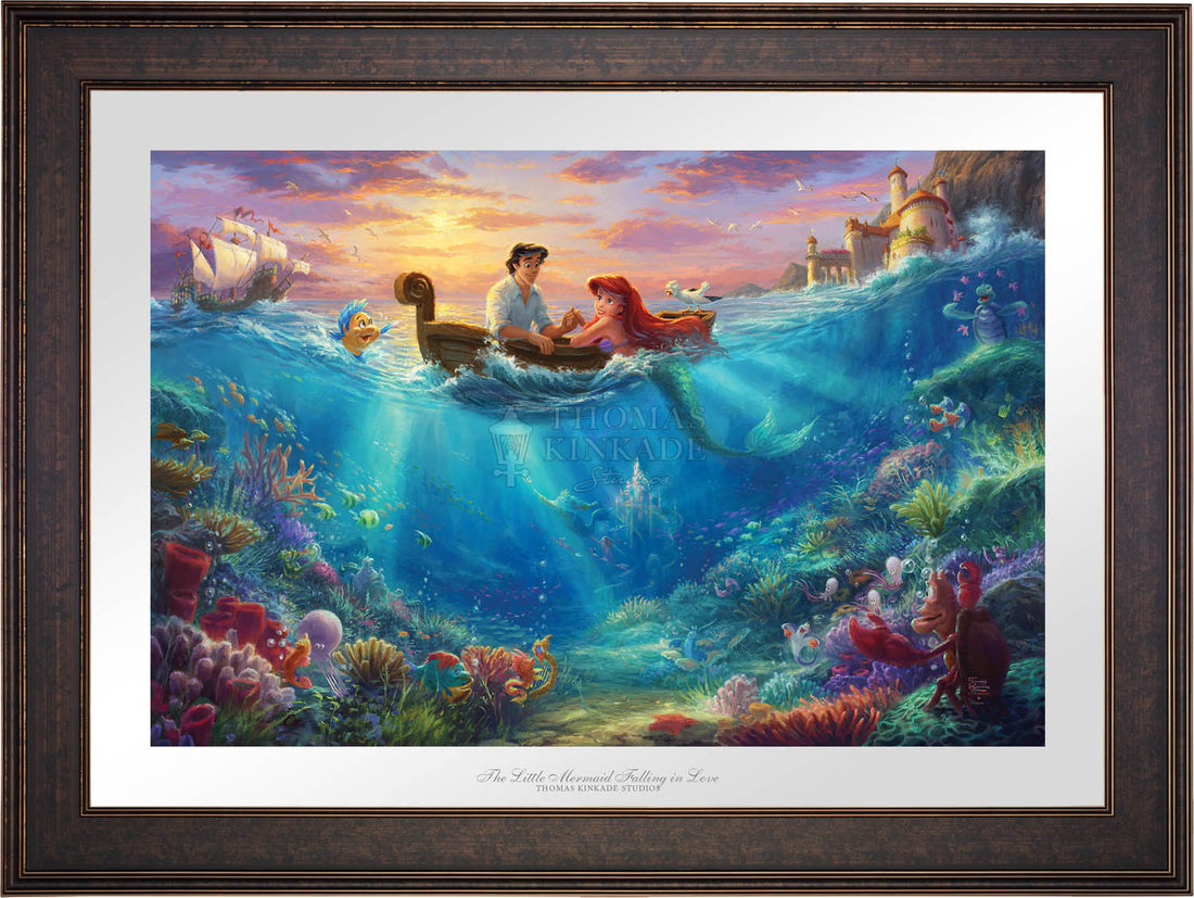 Prince Eric comes out to meet Ariel on a small rowboat, as all the sea creatures look on - Gallery Bronze Frame.