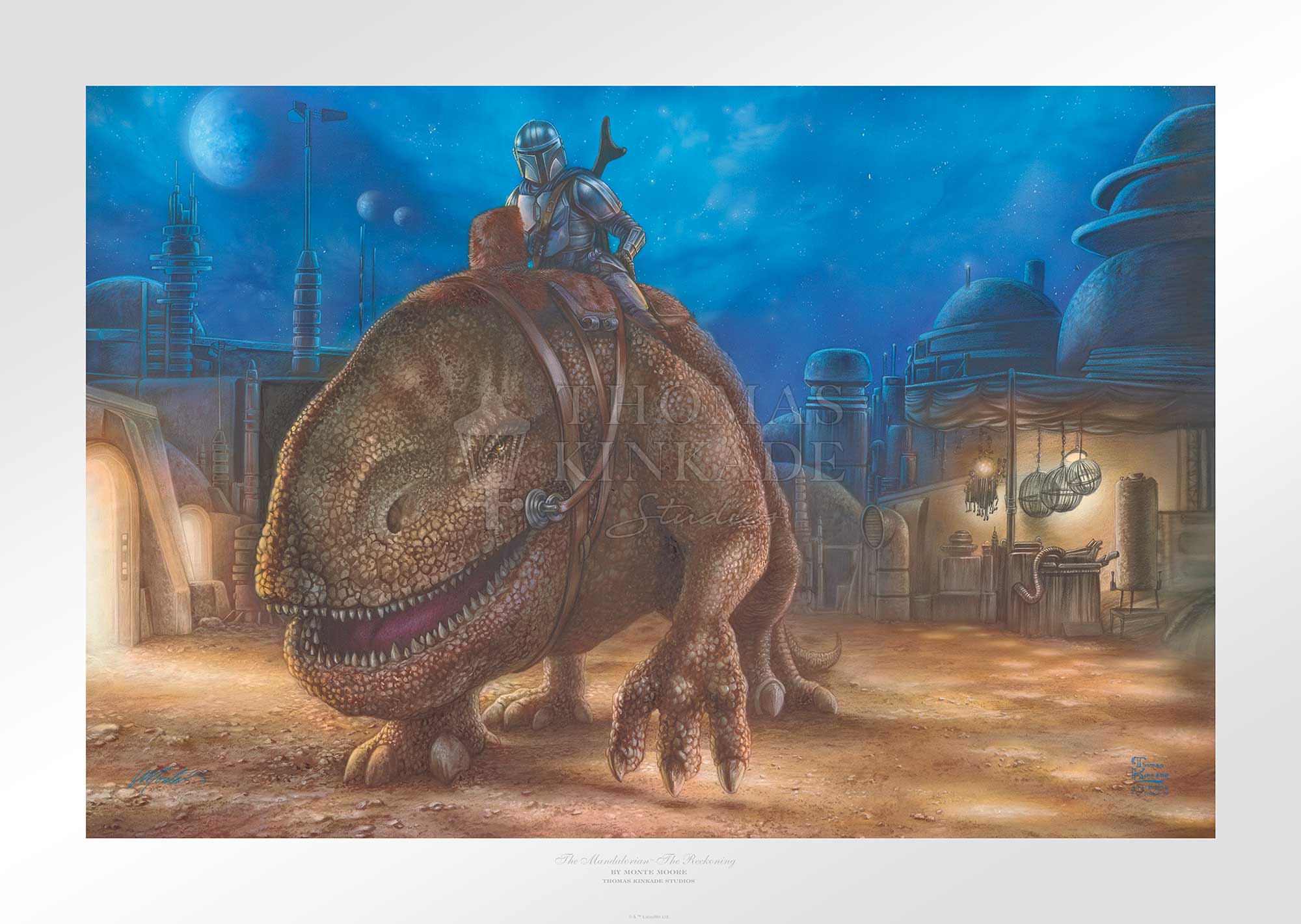 The Reckoning By Monte Moore  Thomas Kinkade Studios presents the newest addition to The Mandalorian Collection - The Mandalorian - The Reckoning by Monte Moore. In this painting, Monte captures an exciting moment from Chapter 5 of Lucasfilm's Disney+ series.   - Unframed