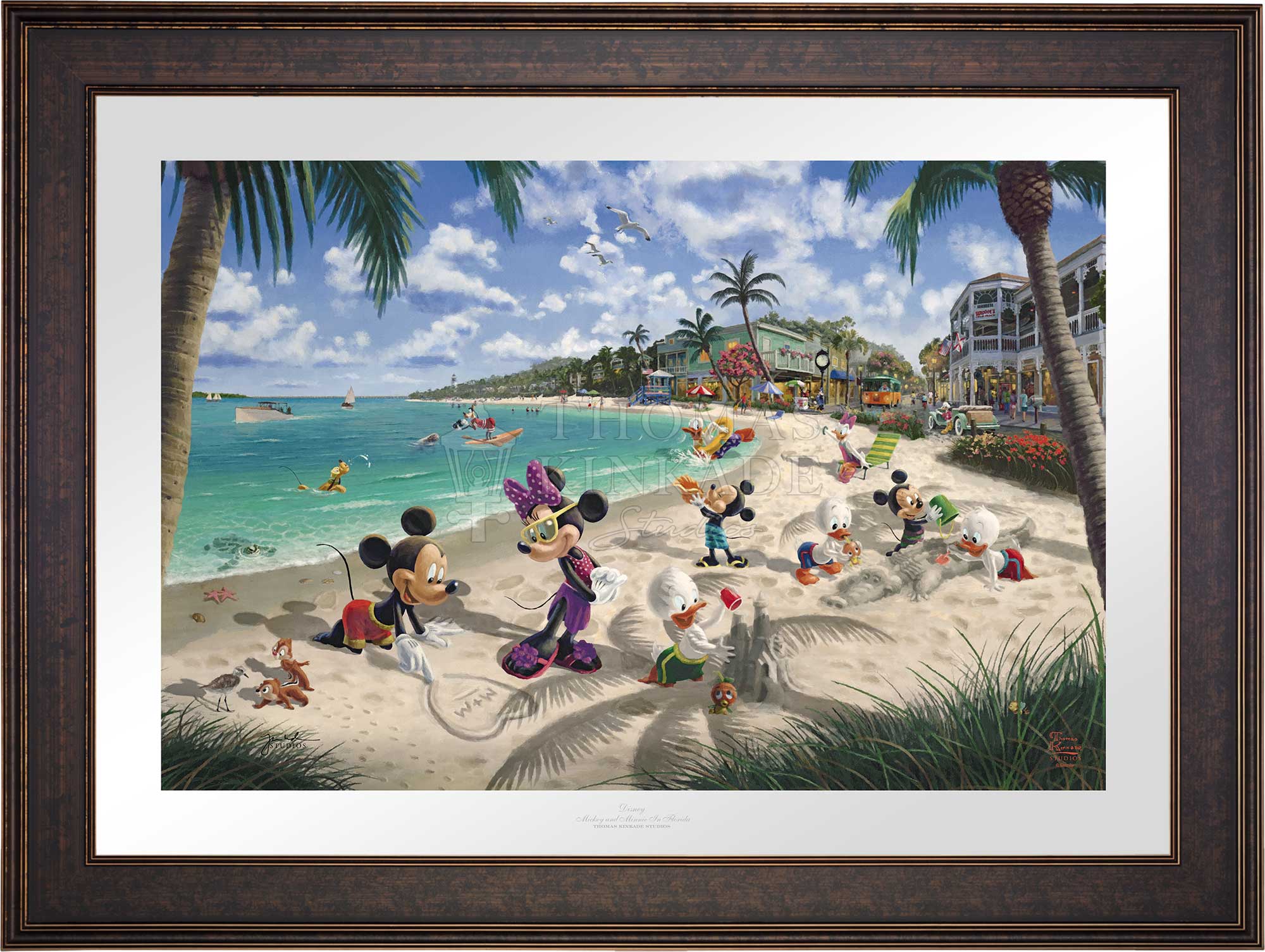 In this scene, Mickey Mouse and Minnie Mouse enjoy a warm afternoon on a sandy Key West beach with family and friends, - Bronze Petite Frame