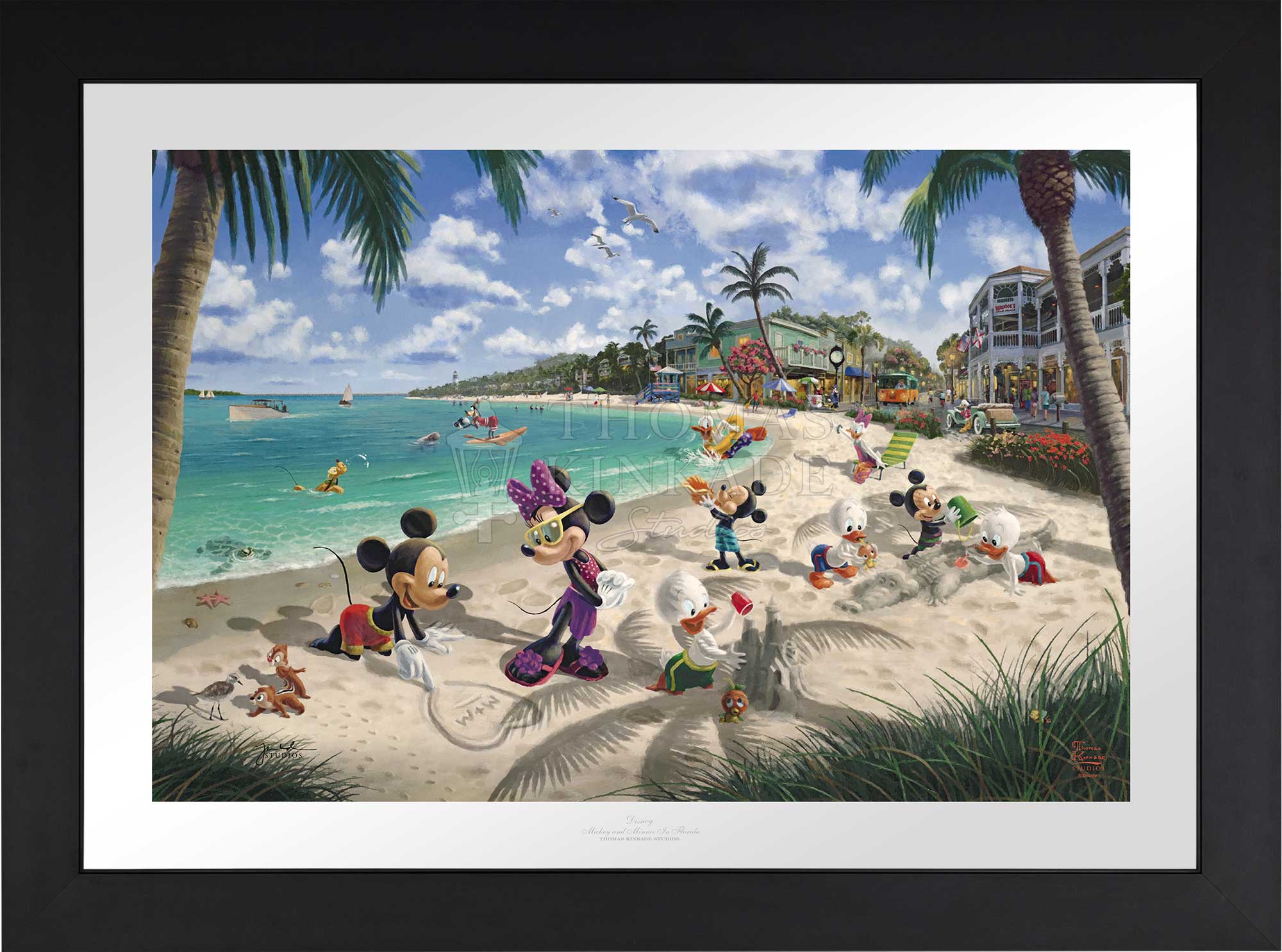 In this scene, Mickey Mouse and Minnie Mouse enjoy a warm afternoon on a sandy Key West beach with family and friends, - Satin Black frame