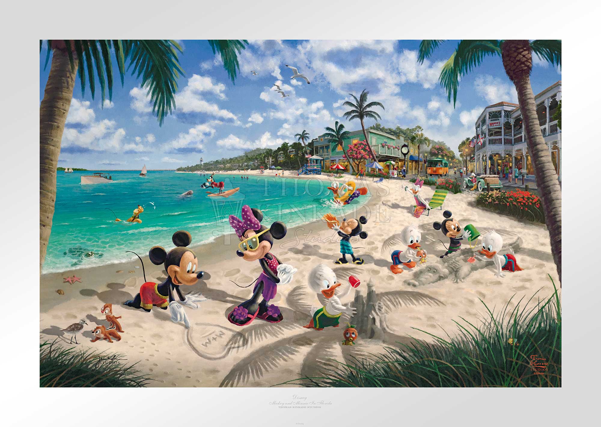 In this scene, Mickey Mouse and Minnie Mouse enjoy a warm afternoon on a sandy Key West beach with family and friends, - Unframed