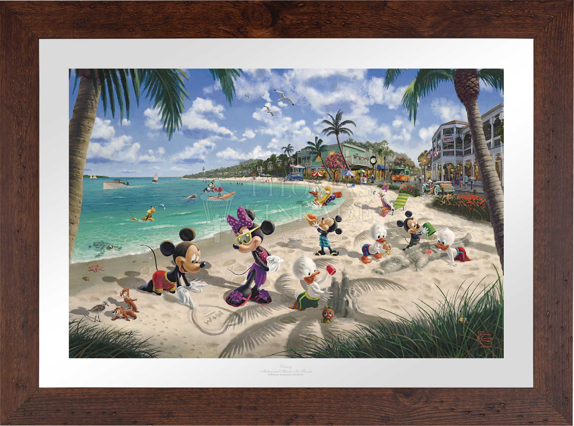 In this scene, Mickey Mouse and Minnie Mouse enjoy a warm afternoon on a sandy Key West beach with family and friends, - Wildwood Frame