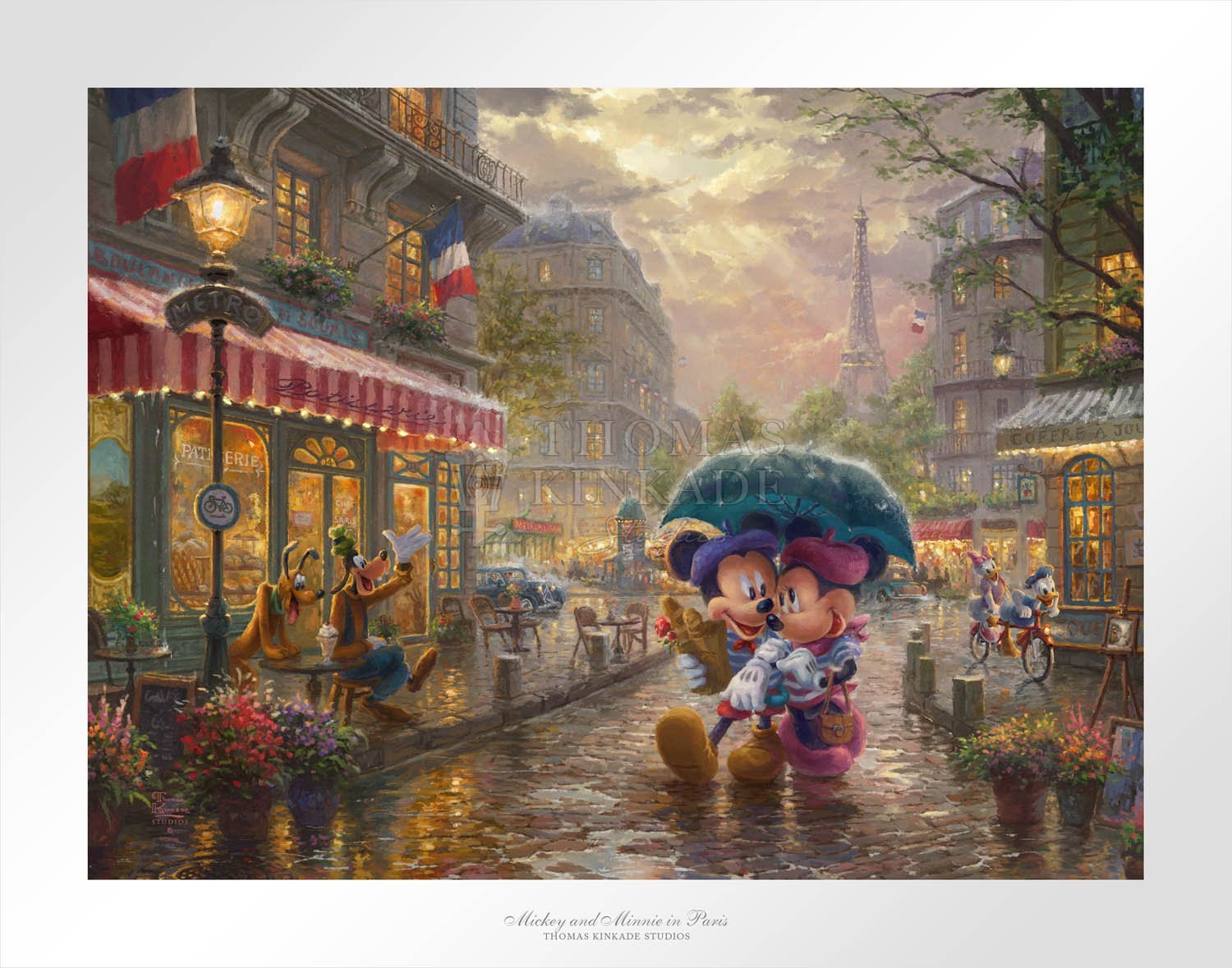 Dressed in traditional French attire, Mickey and Minnie enjoy playing tourist in their berets and striped shirts after spending the morning at the cafe - Paper Unframed