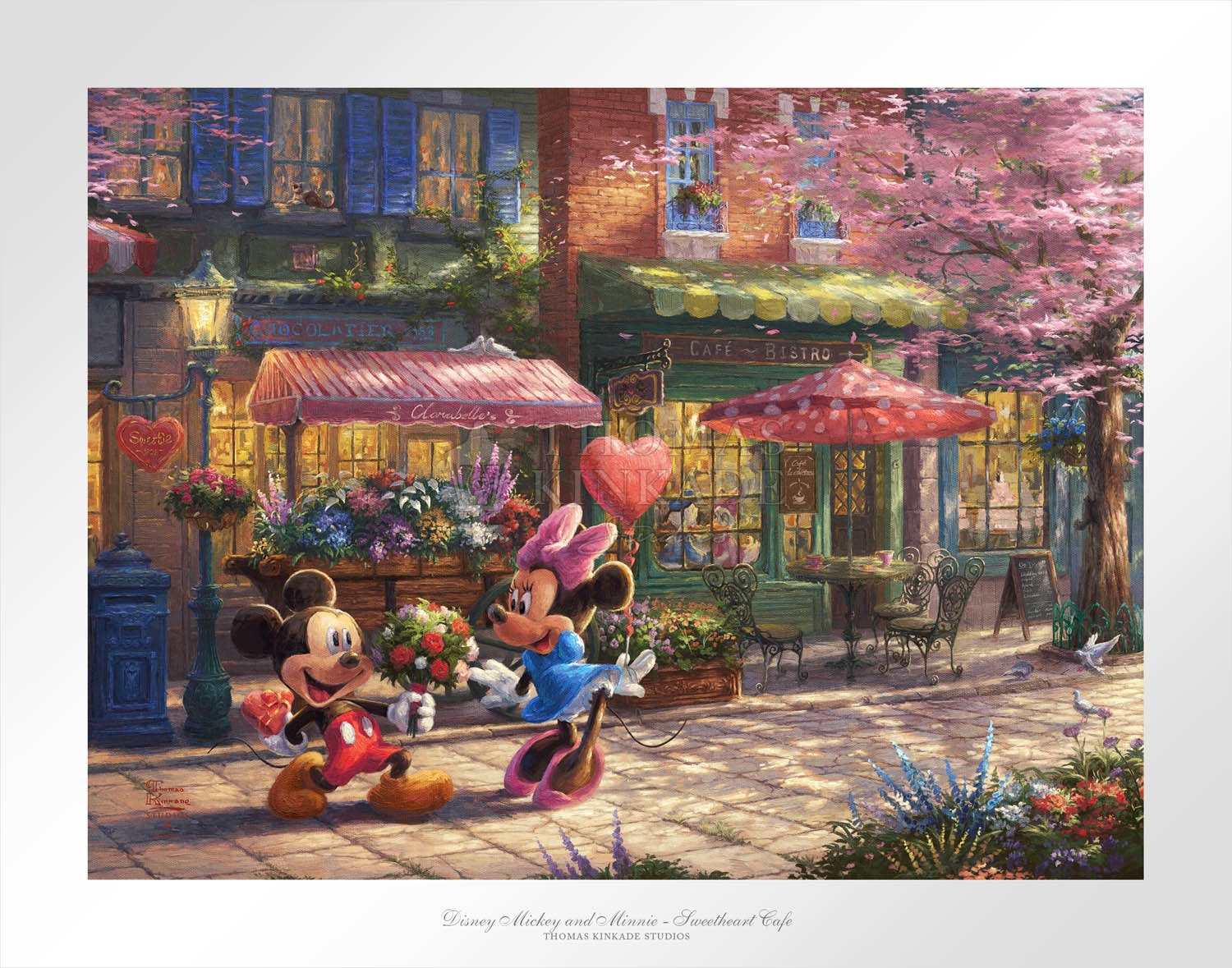 Mickey presents Minnie with a bouquet and a heart-shaped box of chocolate in front of Café Bristo. Unframed Paper