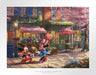 Mickey presents Minnie with a bouquet and a heart-shaped box of chocolate in front of Café Bristo. Unframed Paper