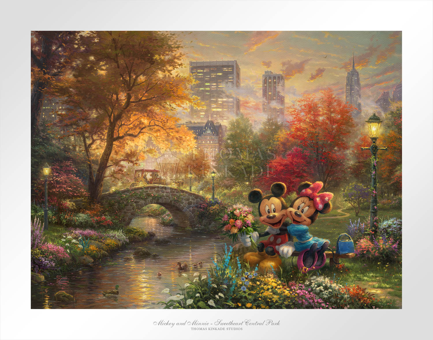 Mickey Mouse hands Minnie Mouse a beautiful bouquet of flowers, a thankful Minnie throws her arms around Mickey’s neck, thanking him for such a wonderful day in New York City.  Unframed Paper