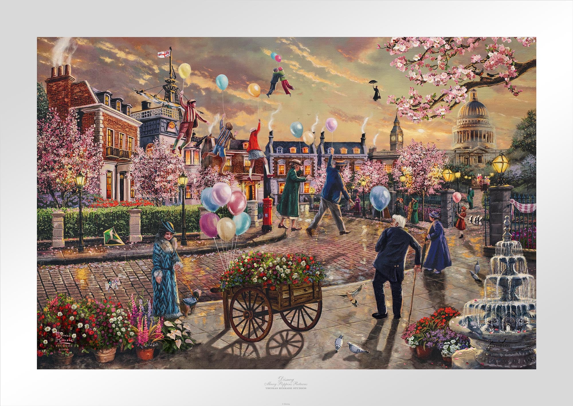 Mary Poppins at a distance, slowly moves towards the setting sun, in the  town square Mary is in the far distant - paper unframed