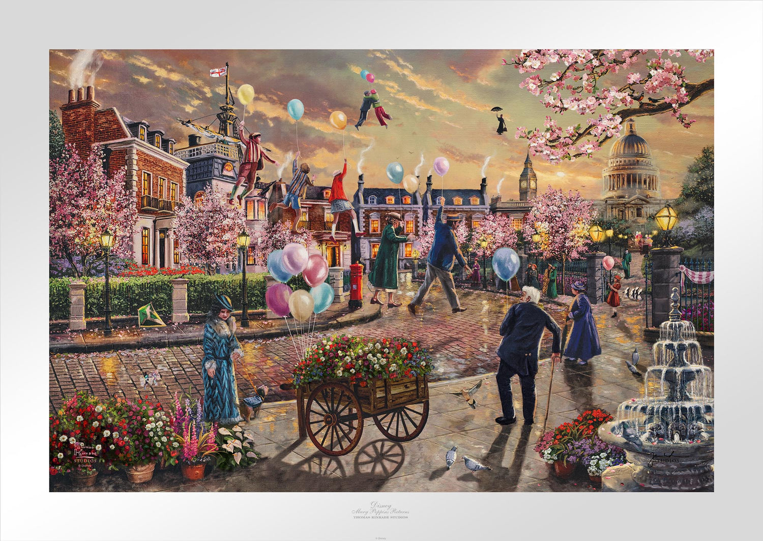 Mary Poppins at a distance, slowly moves towards the setting sun, in the  town square Mary is in the far distant - paper unframed